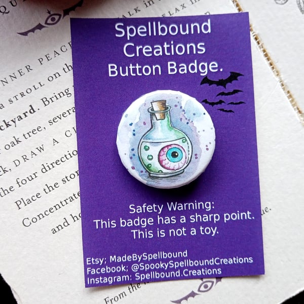 Eyeball In A Jar, 25mm Button Badge, Pin Badge, Halloween Badge, Spooky Badge, 