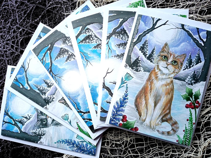 Winter Cats, Whimsical, A6, Quality Christmas Cards, Original Artwork, Set Of 6,