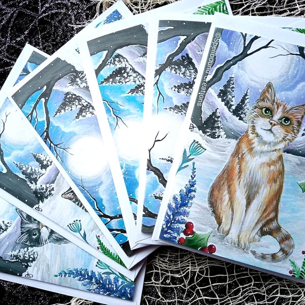 Winter Cats, Whimsical, A6, Quality Christmas Cards, Original Artwork, Set Of 6,