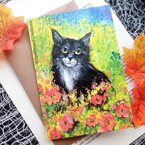 Cat In The Poppies, A6, Quality Greeting Card, Blank Card, Whimsical, Art, 