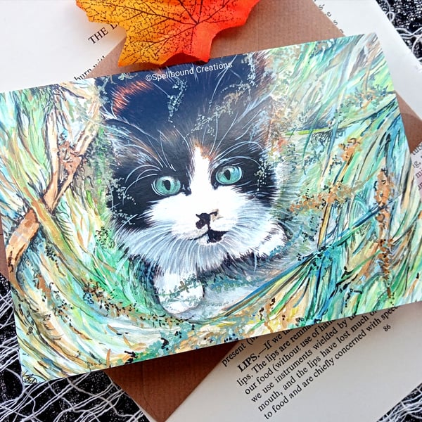 Cat In The Grass, A6, Quality Greeting Card, Blank Card, Whimsical, Art, 