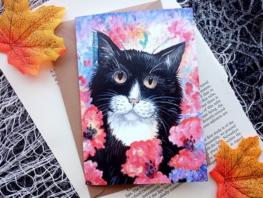 Cat In The Flowers, A6, Quality Greeting Card, Blank Card, Whimsical, Art, 