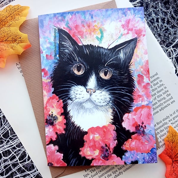 Cat In The Flowers, A6, Quality Greeting Card, Blank Card, Whimsical, Art, 