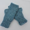 Knitted Fingerless Mitts Turquoise Tweed