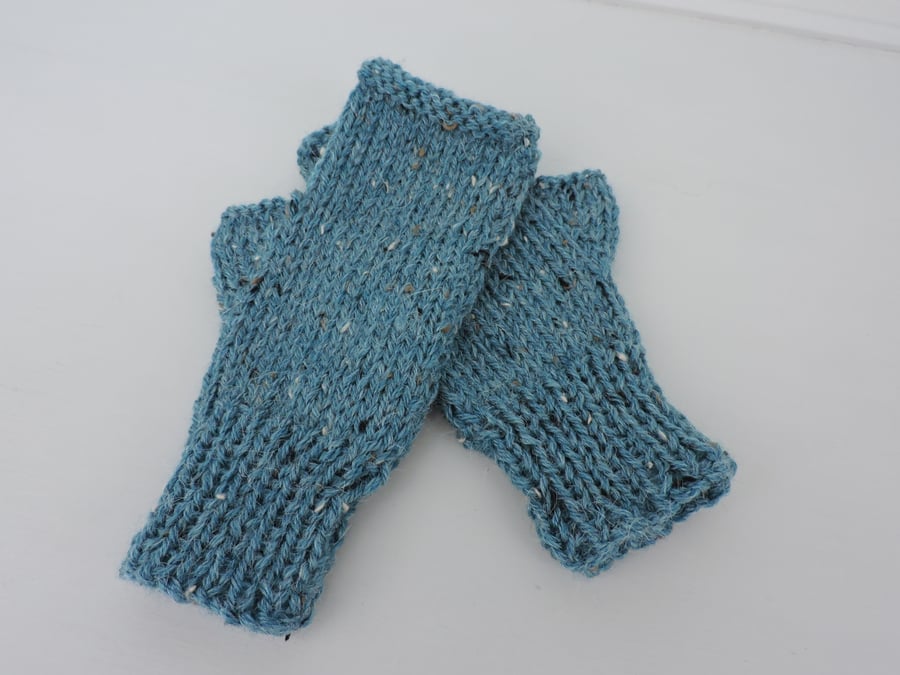 Knitted Fingerless Mitts Turquoise Tweed