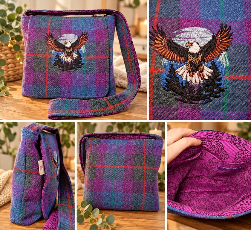 Harris tweed crossbody bag with eagle scene