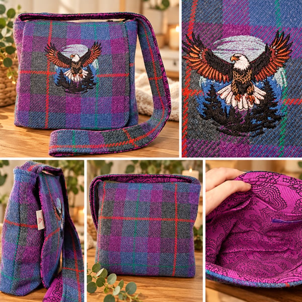 Harris tweed crossbody bag with eagle scene