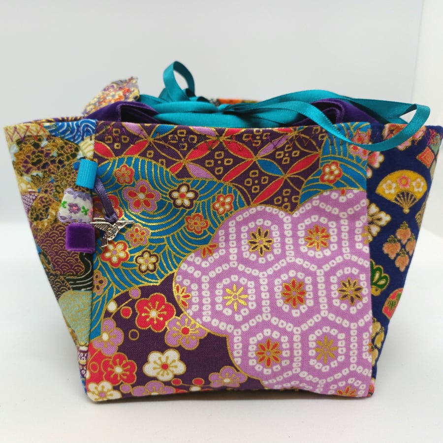 Turquoise and Purple Japanese Fabric Rice Bag,  Toiletry, Make-up, Crafts 