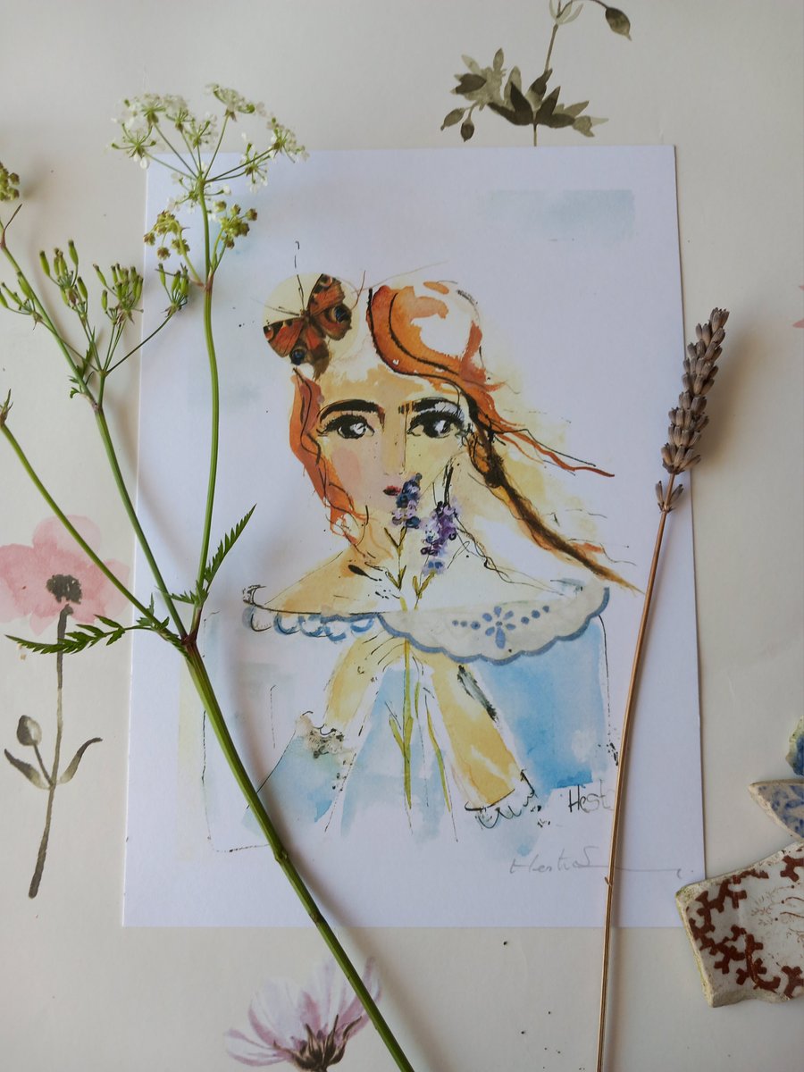 A5 prints stylised portrait of young girl' lavender girl'