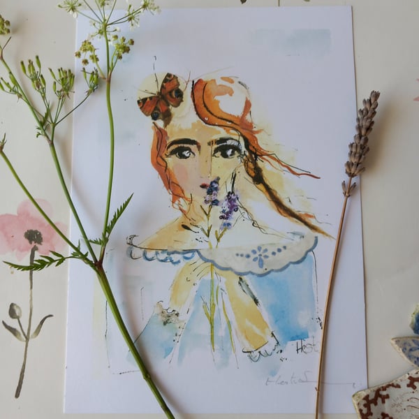 A5 prints stylised portrait of young girl' lavender hirl'