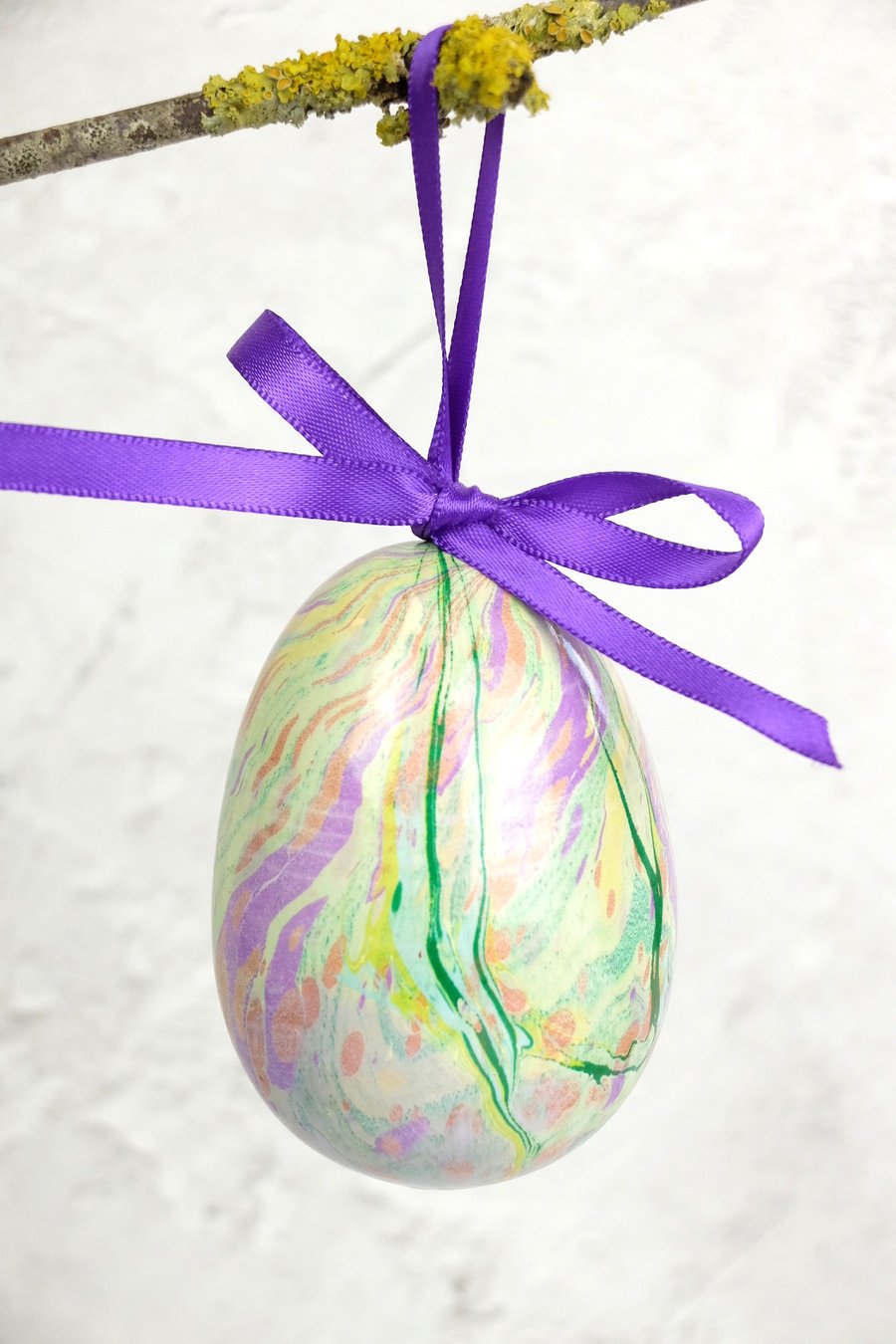 Double Marbled ceramic Easter egg hanging decoration green purple copper 