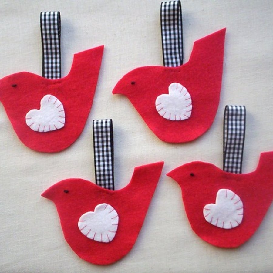 Felt bird decorations, set of four felt birds, Valentines decorations