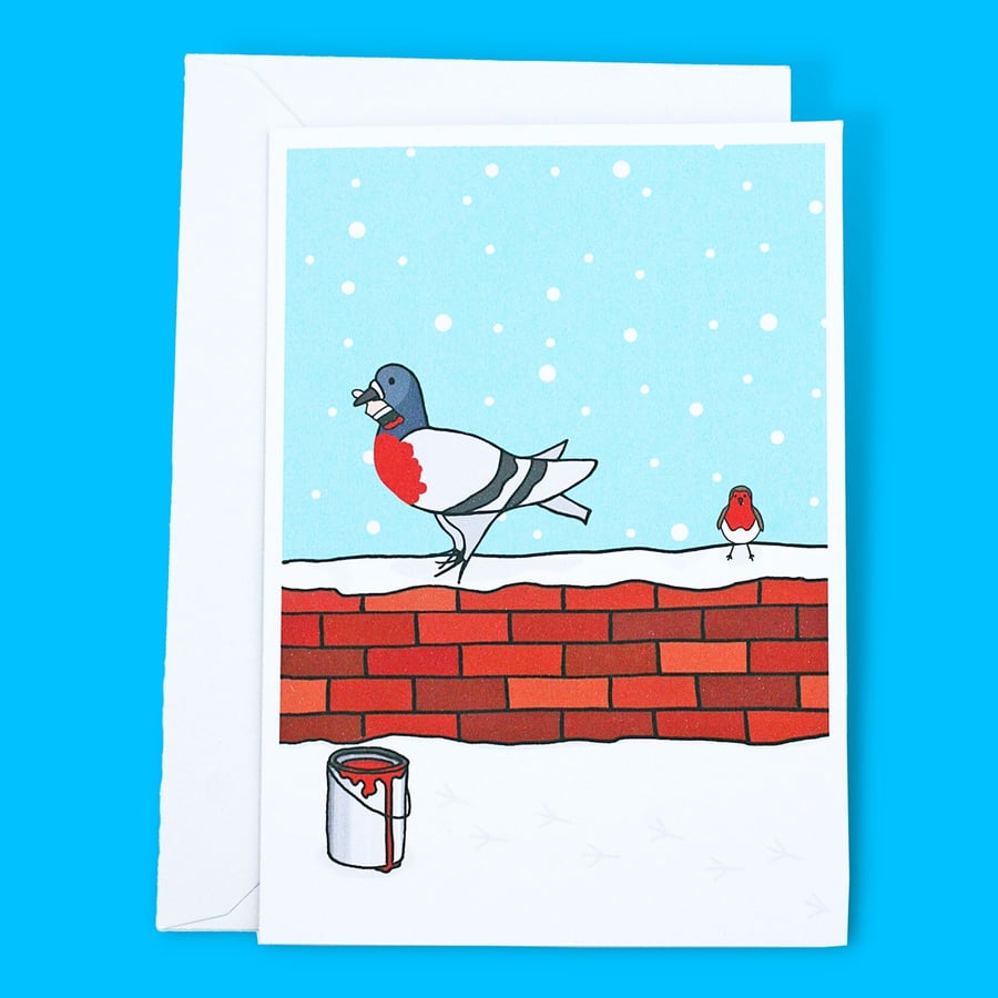 Robin and Pigeon Christmas Illustration A6 Greetings Card