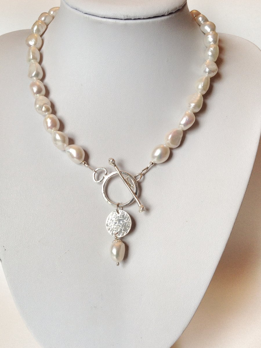 Large Pearl Necklace - Sterling Silver Handmade Toggle Clasp Necklace