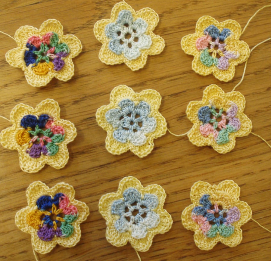 9 HANDMADE COTTON FLOWERS - YELLOW EDGE & MULTI CENTRES - FOR USE IN CRAFTS