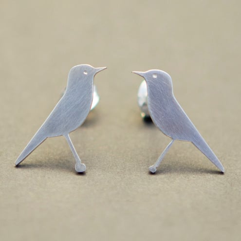 Bluethroat Bird Silver Stud Earrings