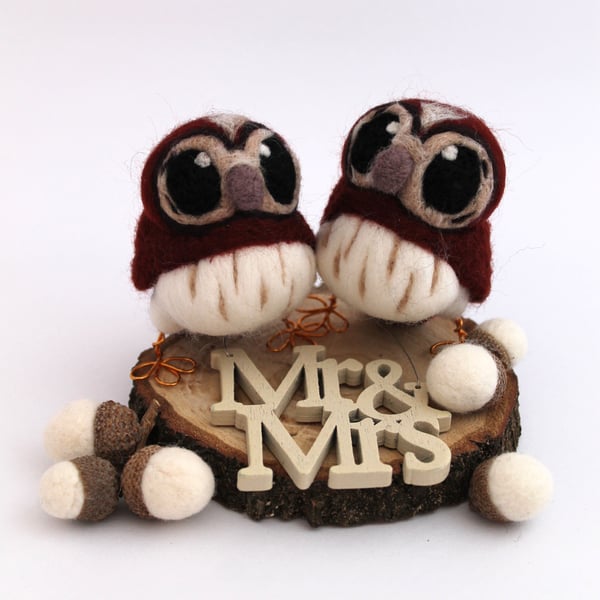 Mini Tawny Owl Wedding Cake Topper Chestnut Brown Felt Birds