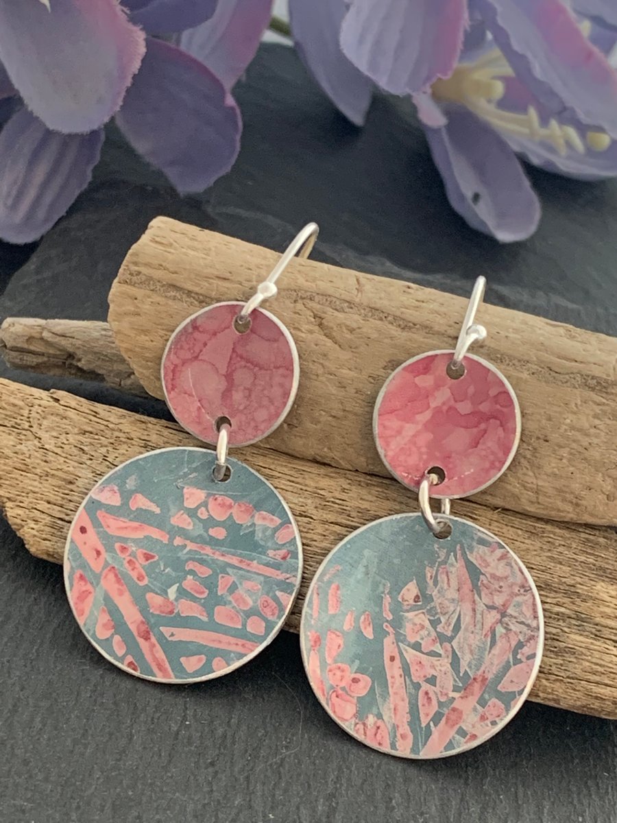 Water colour collection - hand painted aluminium earrings duck egg and pink