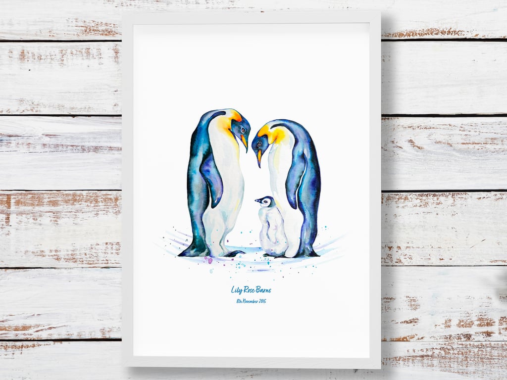 New baby personalised penguin family portrait - perfect family gift