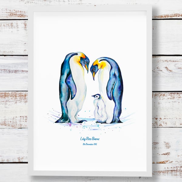 New baby personalised penguin family portrait - perfect family gift