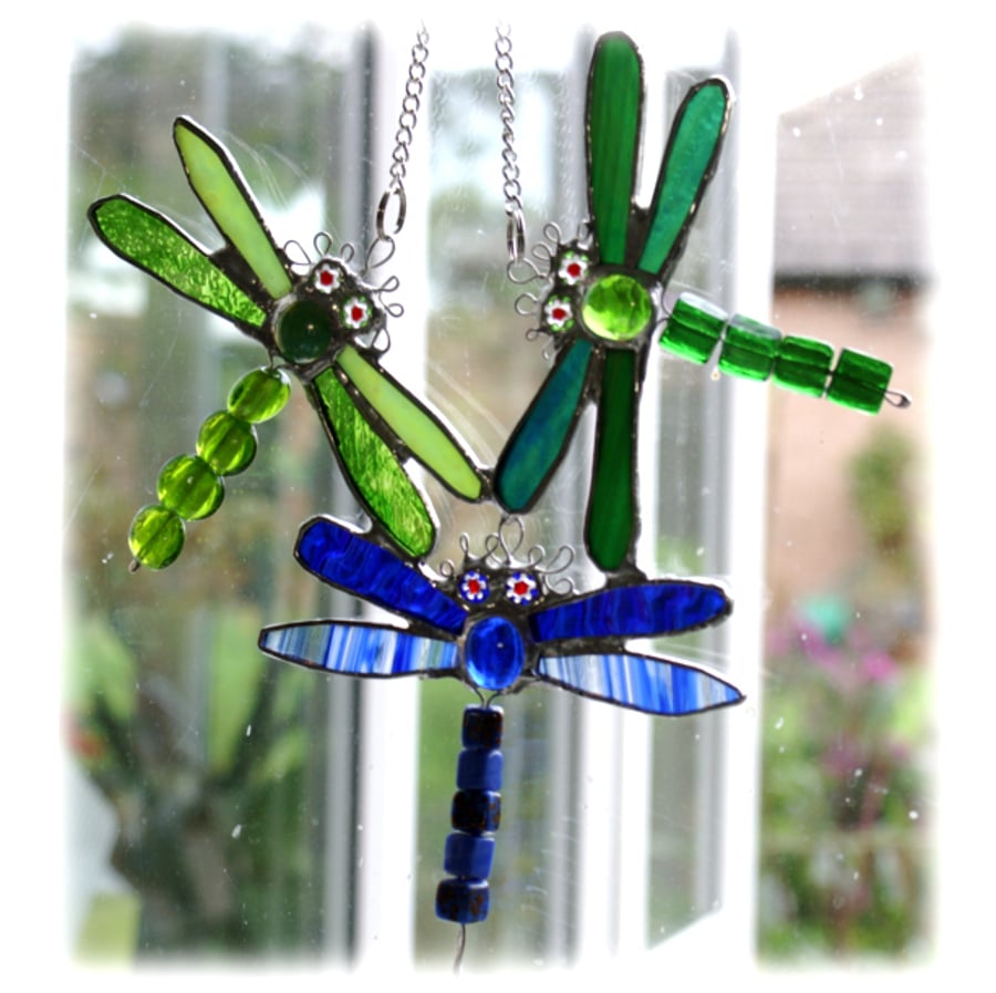 Flight of Dragonflies Stained Glass Suncatcher Dragonfly Trio