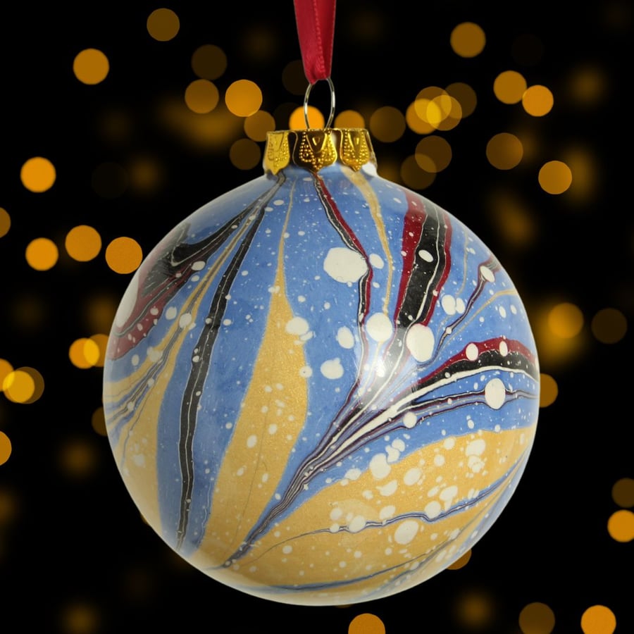 Luxury hand marbled ceramic Christmas decoration bauble chevron