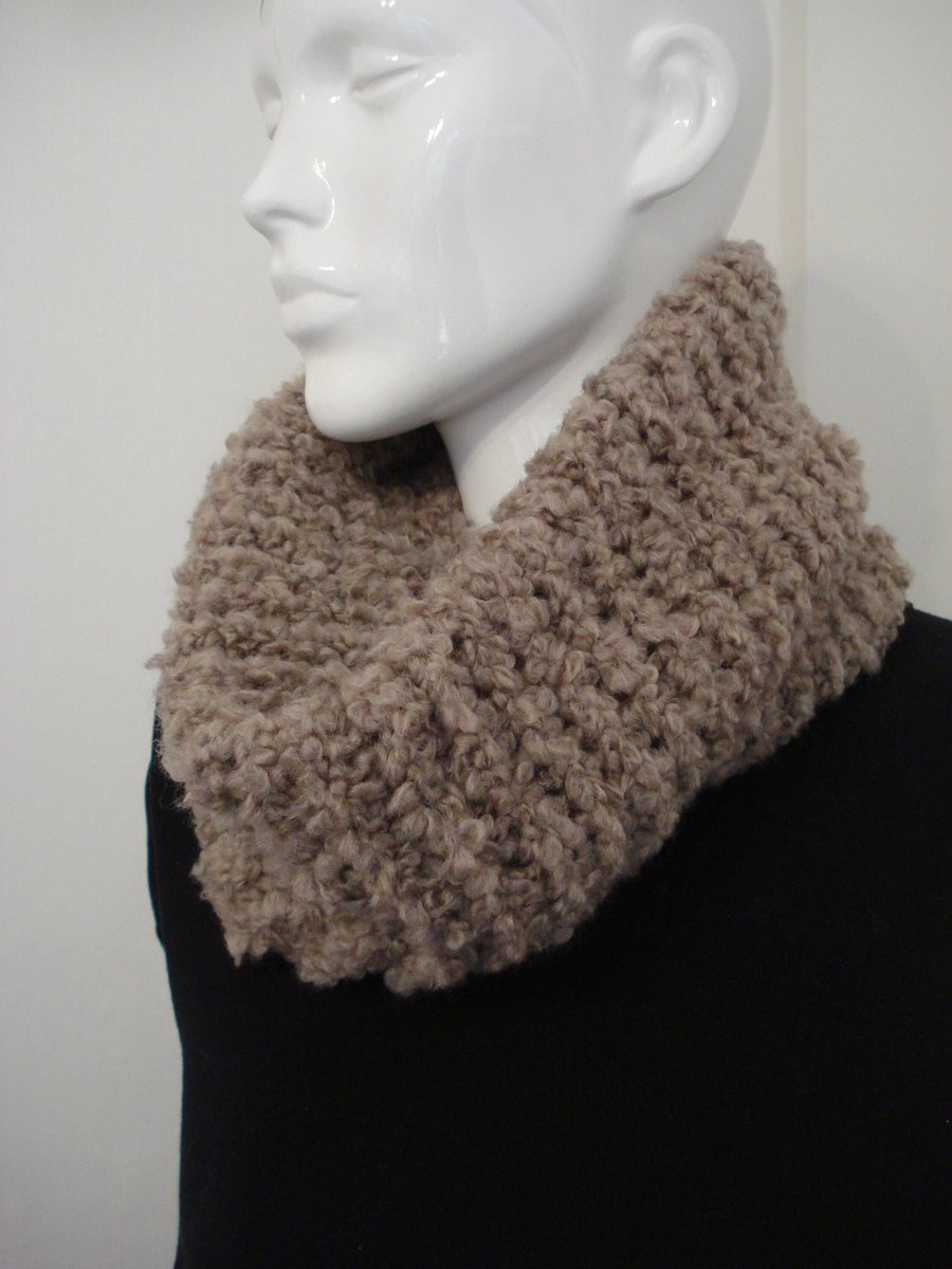 Hand Knitted In Poodle Yarn Brown Neck Warmer Cowl Great Gift
