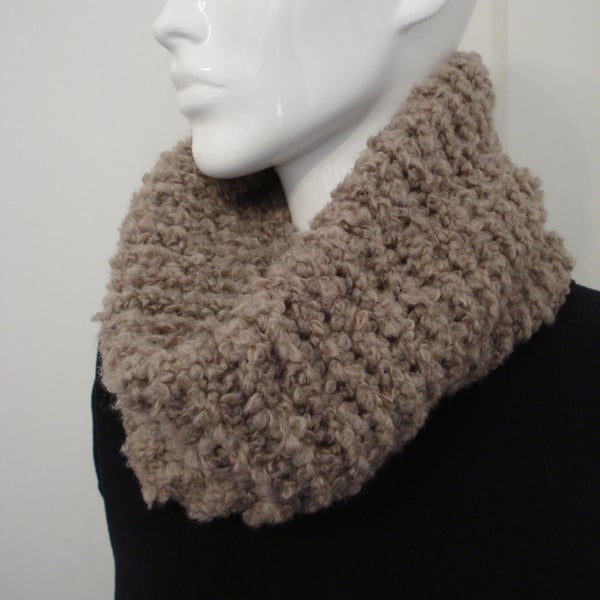 Hand Knitted In Poodle Yarn Brown Neck Warmer Cowl Great Gift