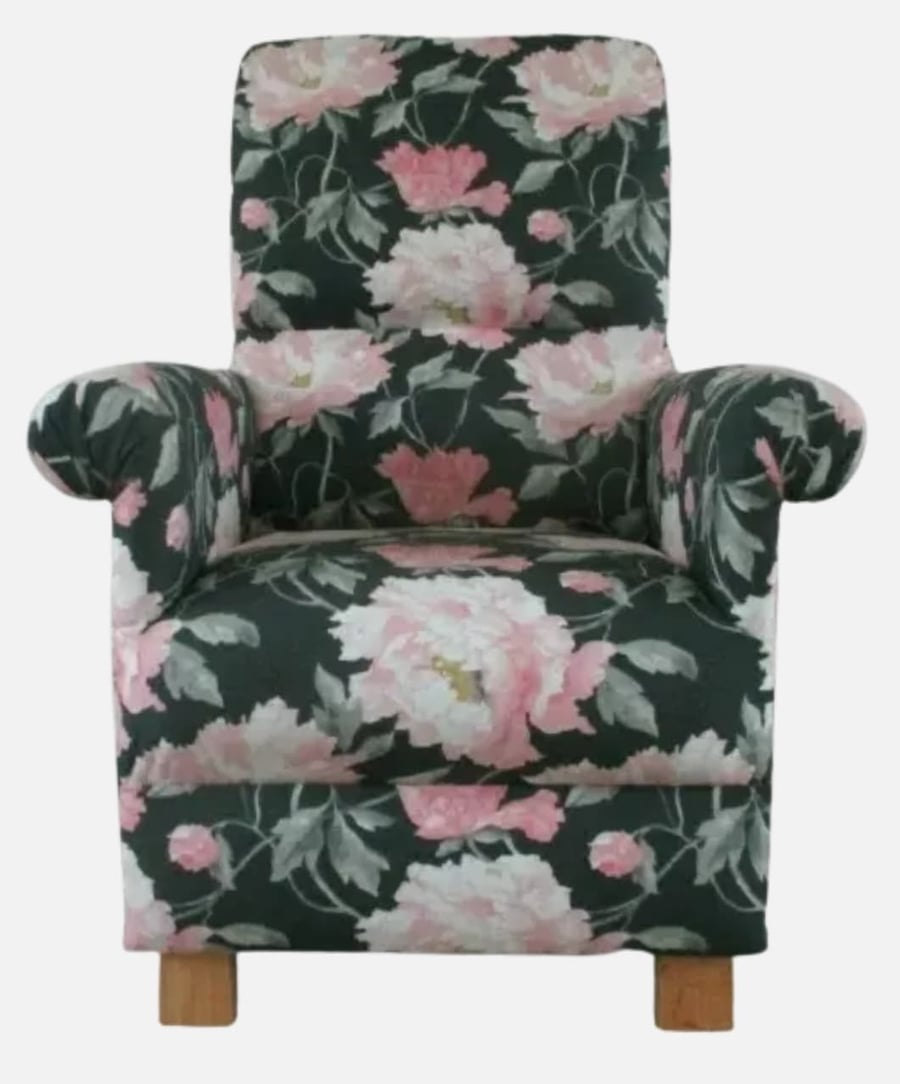 Laura Ashley Peonies Charcoal Grey Fabric Armchair Adult Chair Pink Black Accent