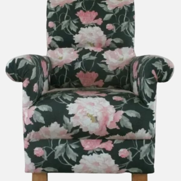 Laura Ashley Peonies Charcoal Grey Fabric Armchair Adult Chair Pink Black Accent