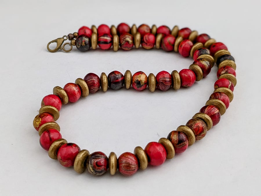 Stripey wooden bead necklace - red, black, gold - 1002447