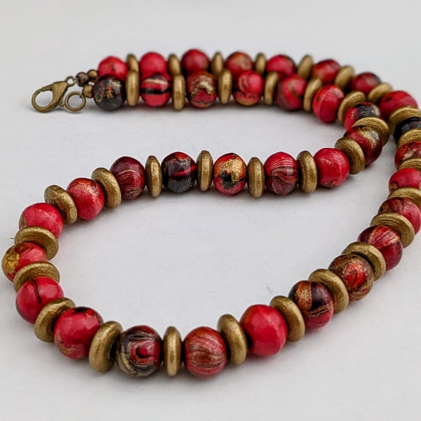 Stripey wooden bead necklace - red, black, gold - 1002447