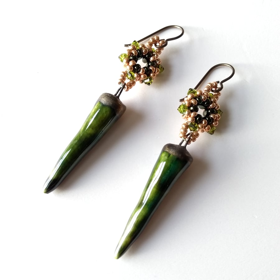 Spring Green Ceramic and Beaded Drop Earrings