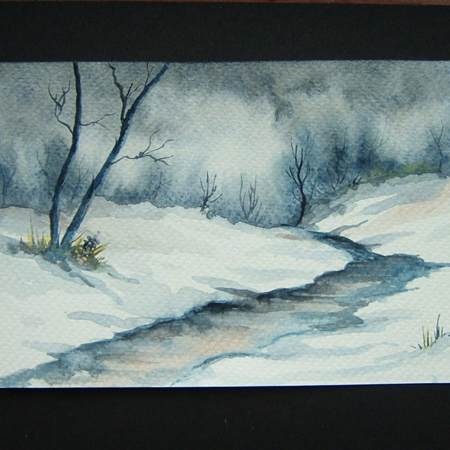 original art painting winter river 4x6 ref 403