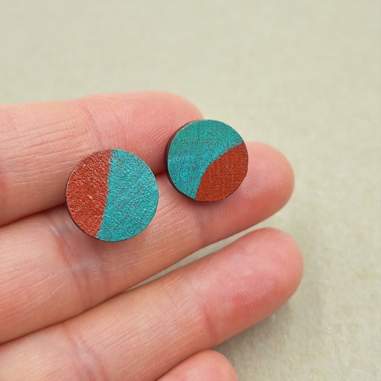 Green and red hand printed stud earrings with sterling silver backs