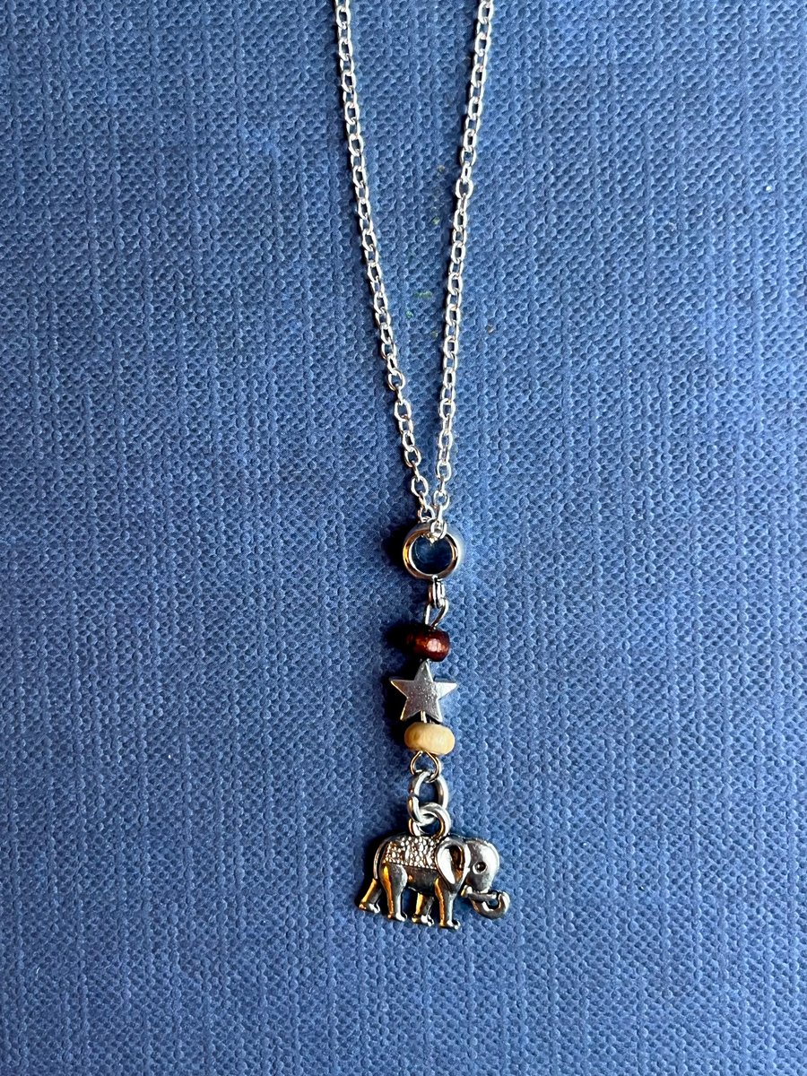 Elephant Charm Necklace, Wooden Beads & Silver Star - Silver Metal Chain & Clasp