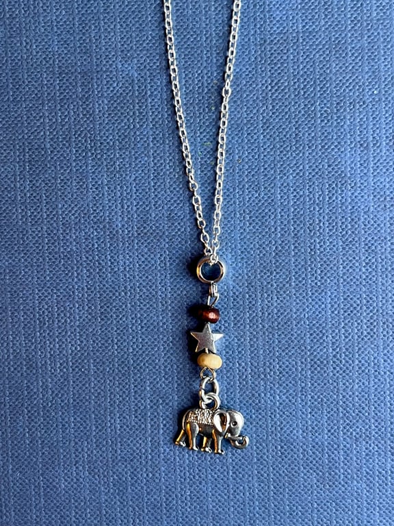 Elephant Charm Necklace, Wooden Beads & Silver Star - Silver Metal Chain & Clasp