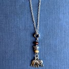 Elephant Charm Necklace, Wooden Beads & Silver Star - Silver Metal Chain & Clasp