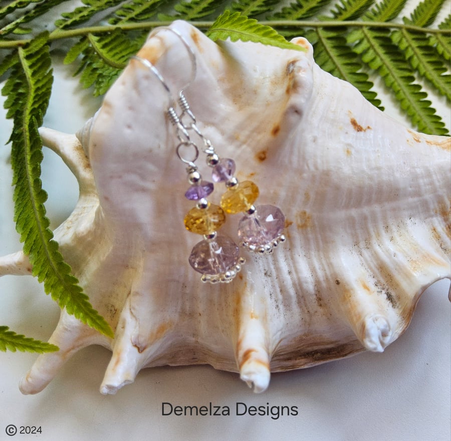 Amatrine Citrine & Amethyst Sterling Silver Earrings 