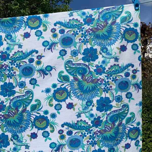 Large Piece RETRO Floral Paisley Blue Lime Purple Flower 60s 70s Vintage Fabric