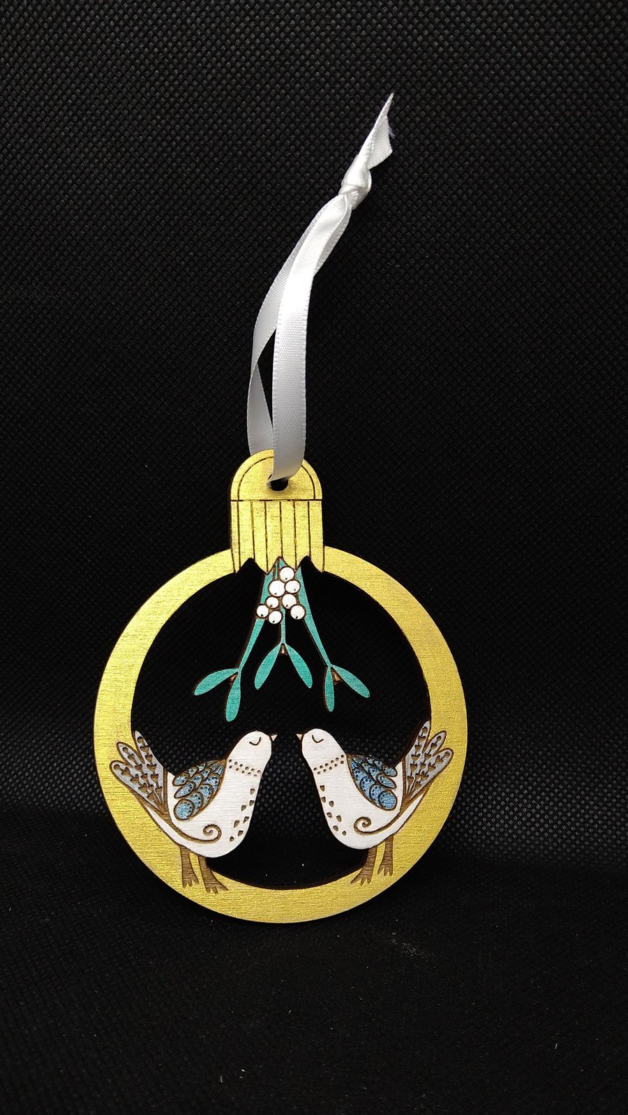 Two Turtle Doves under the Mistletoe folk art Christmas Tree Decoration