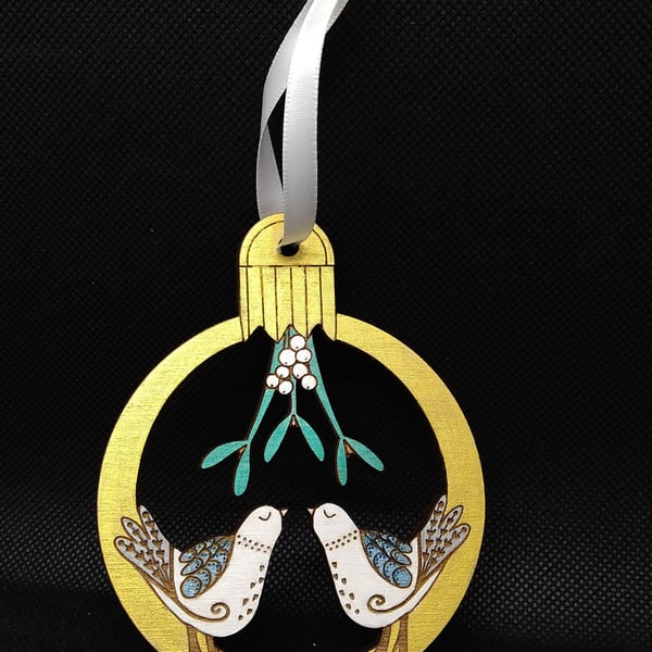 Two Turtle Doves under the Mistletoe folk art Christmas Tree Decoration