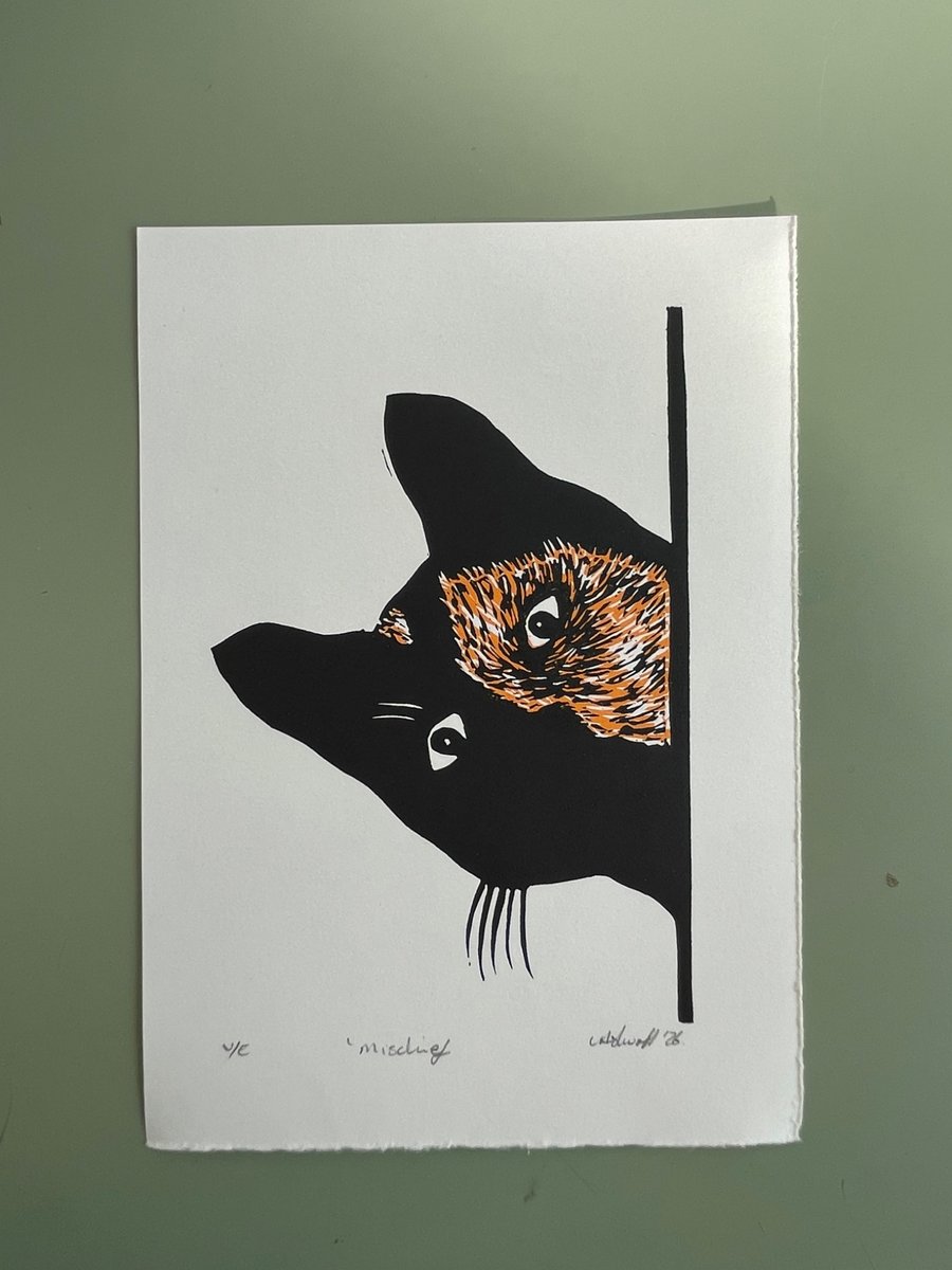 Mischief Tortoiseshell Cat Lino Print