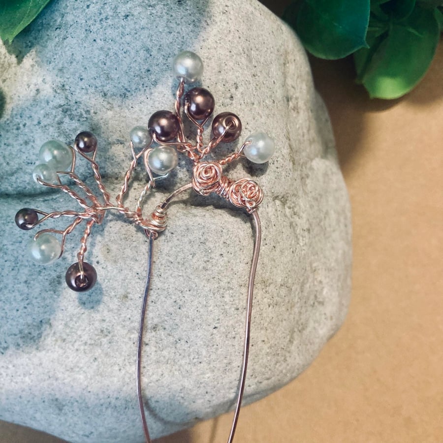 Hair Fork Pin - Wedding - Rose Gold with Glass Pearls 