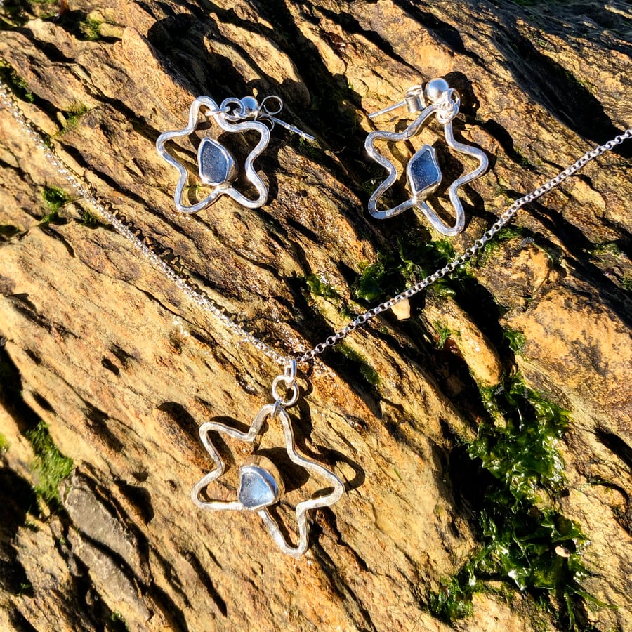 Blue Sea Glass and Sterling Silver Starfish Earring & Pendant Set- 1266
