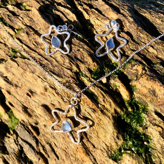 Blue Sea Glass and Sterling Silver Starfish Earring & Pendant Set- 1266