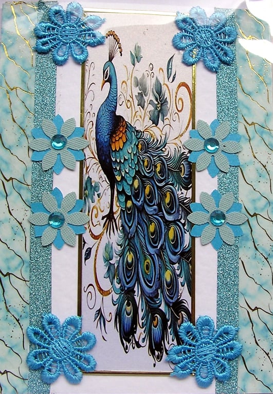 Peacock Bird - Hand Crafted Decoupage Greeting Card - Blank - 3314