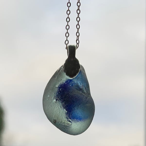 Sterling silver and unusual blue seaglass pendant