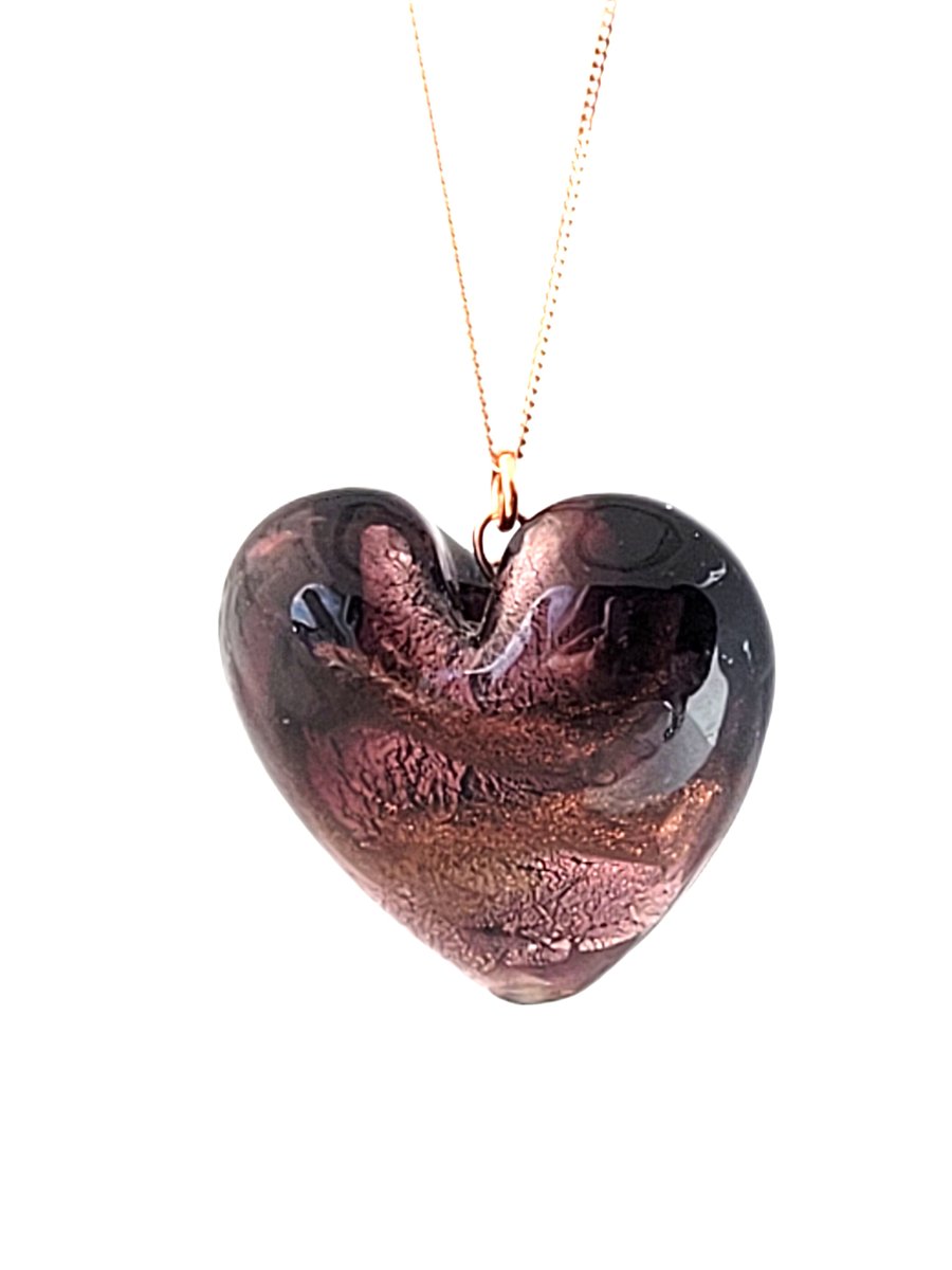 Large glass heart pendant in dark gold on an 18ins rose gold chain