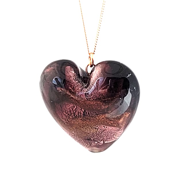 Large glass heart pendant in dark gold on an 18ins rose gold chain